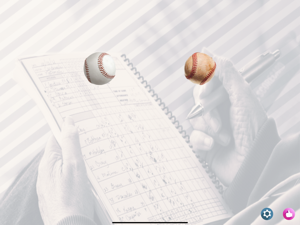 Scorecards - Hands holding a paper baseball scorebook with floating 3D baseballs representing the Scorecards app.