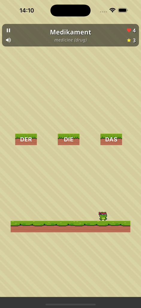 Word Climb - German Articles - Word Climb game interface with a pixel frog choosing the correct article for the German word Medikament.