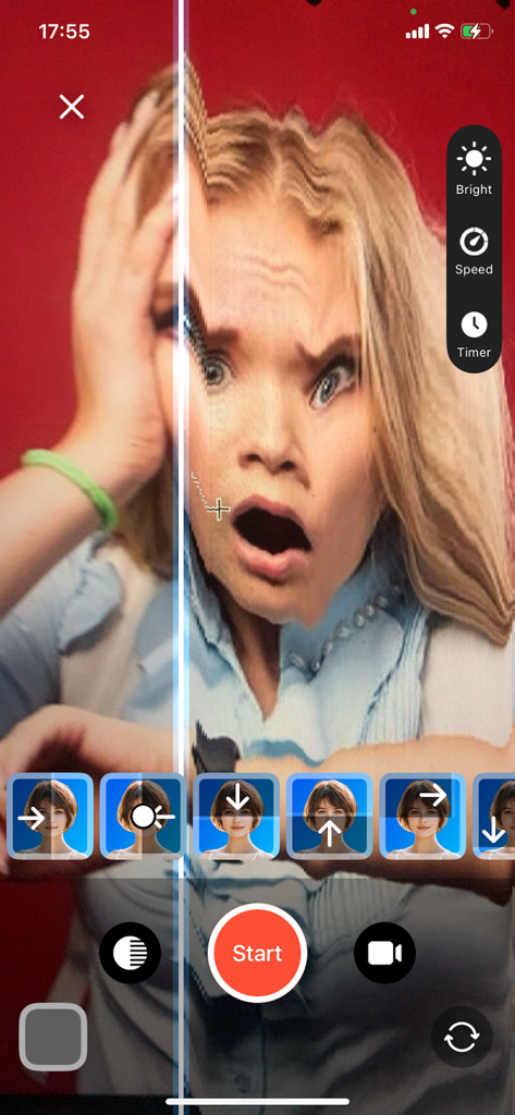 A woman using the Time Warp Scan effect to create a distorted face in the app