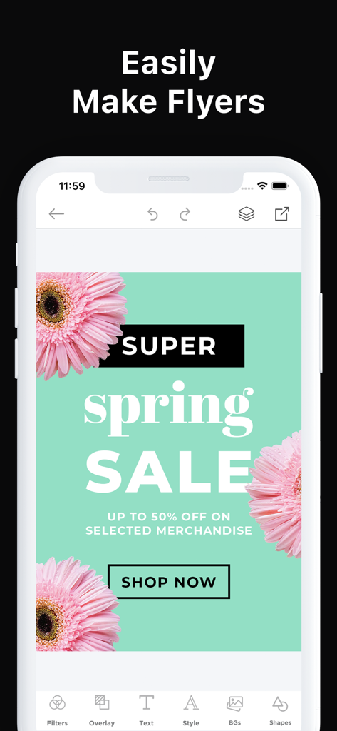 Poster Maker + Flyer Creator - Interfaz de aplicación de diseño móvil que muestra un flyer de rebajas de primavera con flores rosas y un fondo verde menta