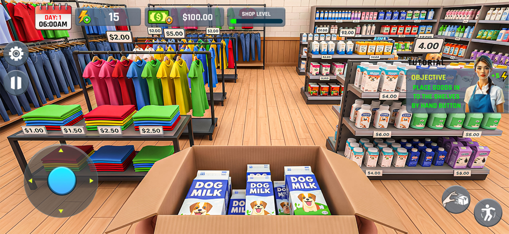 Dog Food Supermarket Simulator - First person view of stocking dog milk cartons onto shelves in a supermarket management simulator game.