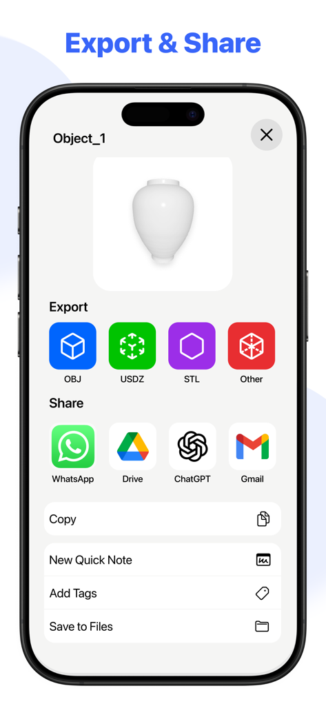 3D LiDAR Scanner - Tela do iPhone mostrando opções de exportação e compartilhamento para um vaso escaneado em 3D, incluindo formatos OBJ, USDZ e STL