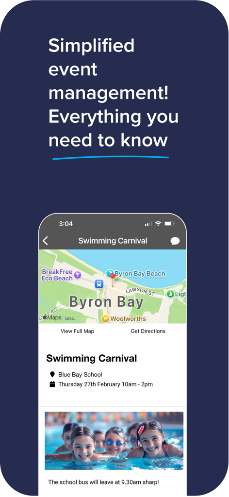 School Stream - School Stream app interface showing a school swimming carnival event with location map and timing details