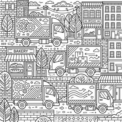 Dive into the hustle and bustle of city life with this detailed coloring page featuring a fleet of delivery trucks. Perfect for teens, this intricate urban scene offers a creative escape for aspiring artists.