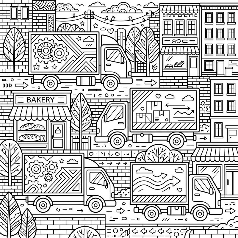 Dive into the hustle and bustle of city life with this detailed coloring page featuring a fleet of delivery trucks. Perfect for teens, this intricate urban scene offers a creative escape for aspiring artists.