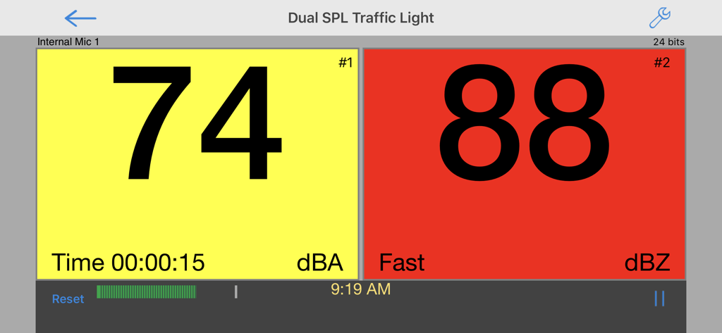 AudioTools, dB, Sound & Audio - Interface of the AudioTools app showing the Dual SPL Traffic Light module with decibel readings in yellow and red zones.