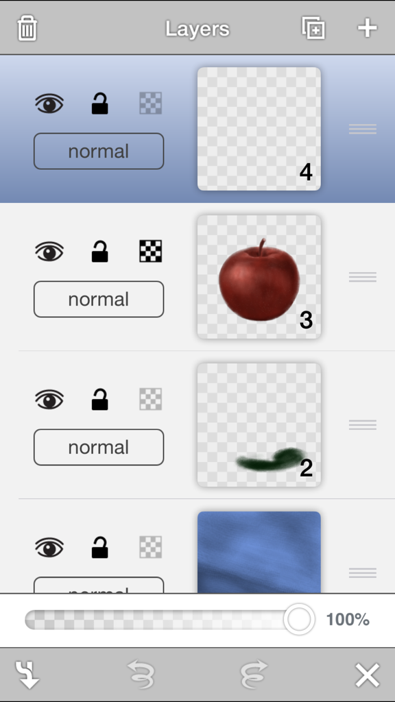 Brushes Redux - Layers panel interface in Brushes Redux app showing a digital painting of an apple