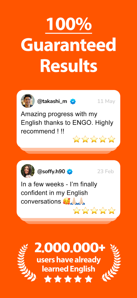 Master English - ENGO - ENGOアプリのソーシャルプルーフ。肯定的なユーザーレビューと200万人以上の英語学習者が掲載されています。