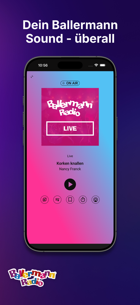 Ballermann® Radio - Ballermann Radio mobile app interface playing live German party hits