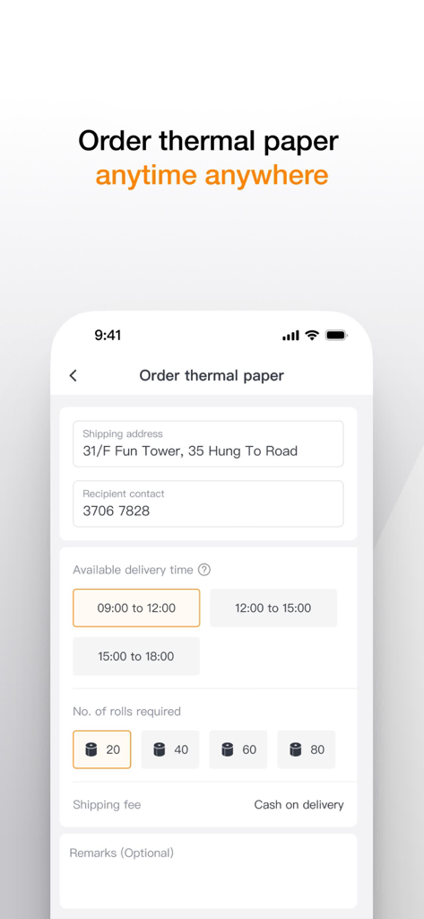 KPay - A screenshot of the KPay app interface for ordering thermal paper rolls, showing address fields and delivery time selection.
