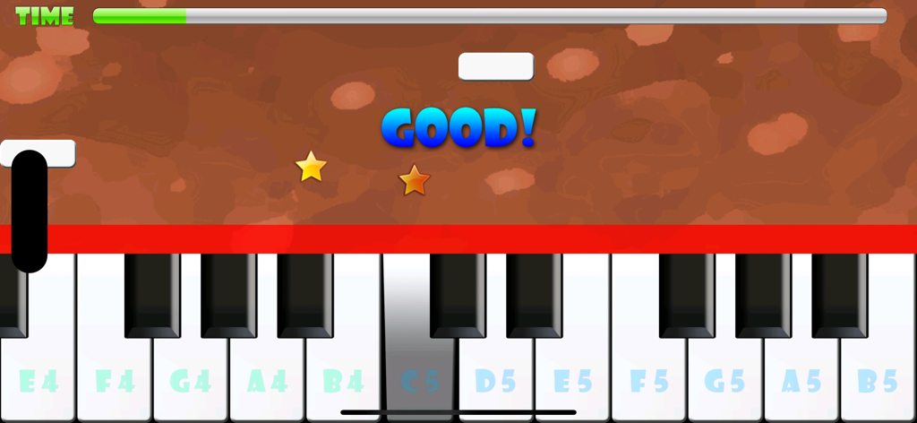 Piano Master FREE - Piano Master FREE gameplay screen showing a virtual piano keyboard with falling white tiles and feedback text.