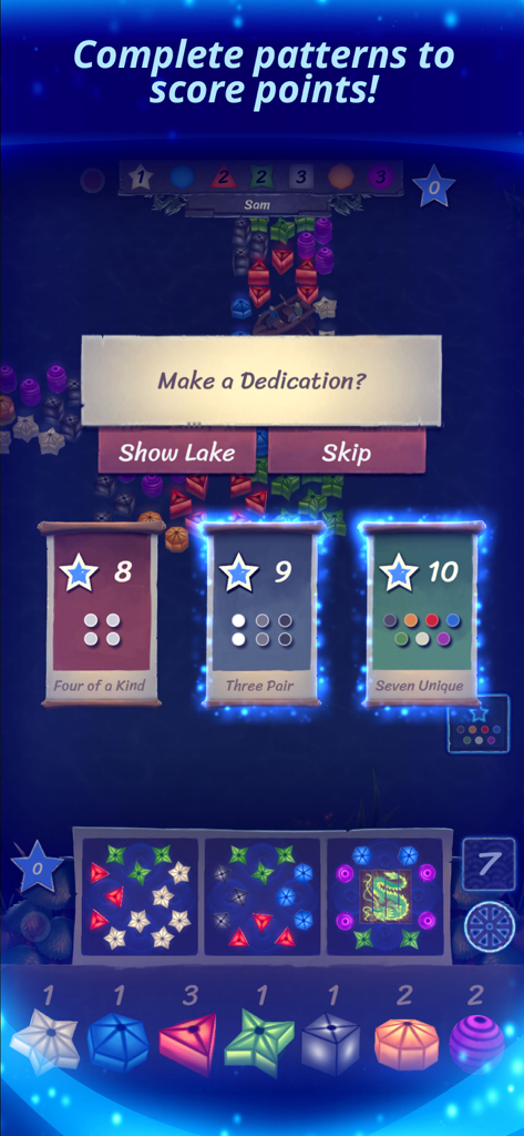 Lanterns: The Harvest Festival - Gameplay screen of Lanterns The Harvest Festival showing dedication scoring options based on lantern patterns