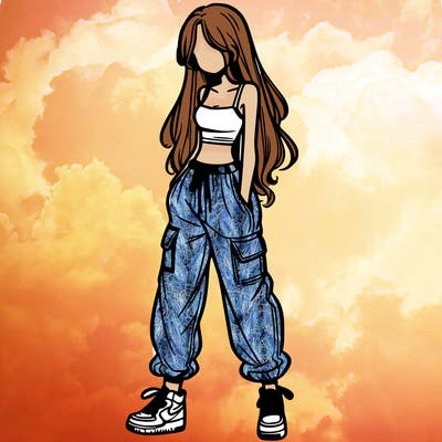 girl in baggy pants crop top and long hair
