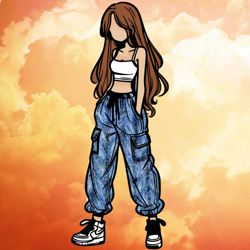 girl in baggy pants crop top and long hair