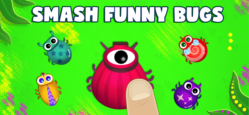 Gameplay de Smasher Mix mostrando um dedo esmagando um grande inseto colorido de desenho animado em um fundo verde
