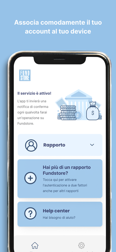 Fundstore - Fundstore mobile app dashboard displaying account linking status and security features