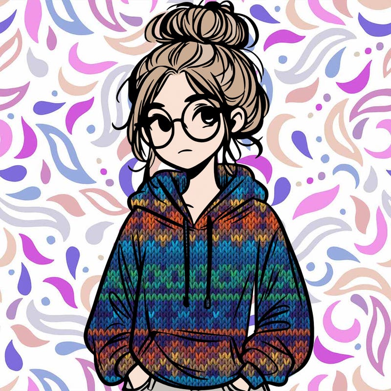 teen girl with a messy bun and glasses wearing a loose hoodie and jeans