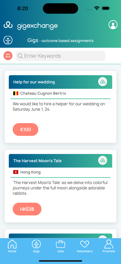 gigexchange - Screenshot of the gigexchange mobile app displaying a feed of available gig assignments with locations and prices.