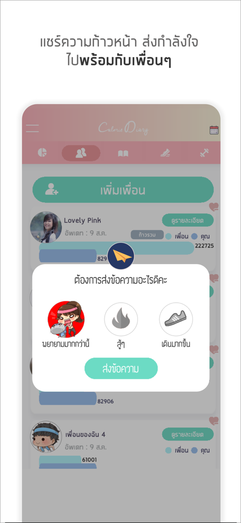 แคลอรี่ ไดอารี่ - Calorie Diary app social feature showing a friend list and a popup for sending motivational stickers and messages.