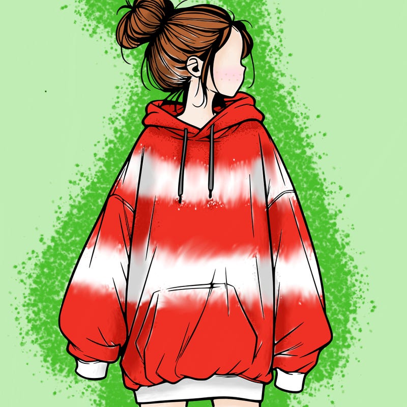 realistic girl with a oversized sweatshirt on and a bun