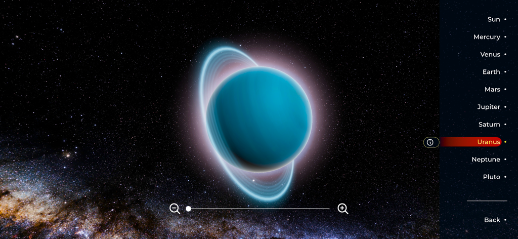 Solar System Planets: 3D Space - Detailed 3D model of Uranus with its rings in the Solar System Planets app interface.