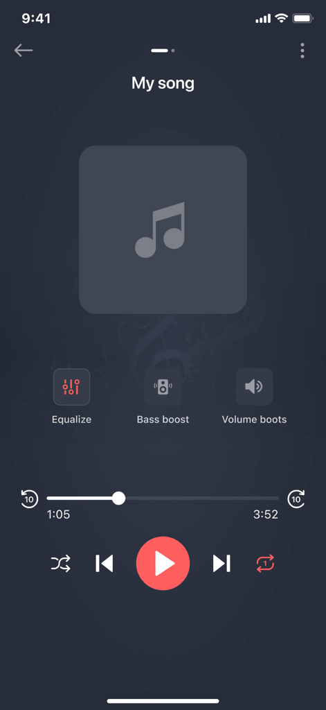 Interface of the Mp3 Cutter app showing music playback controls with options for equalizer bass boost and volume enhancement.