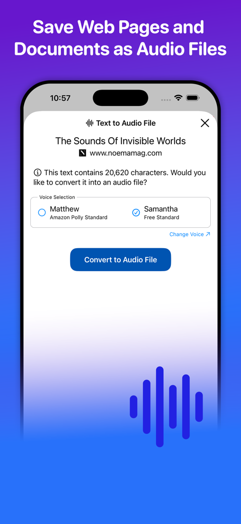 WebOutLoudアプリ画面。音声選択オプション付きのオーディオファイルへのWeb記事の変換を表示