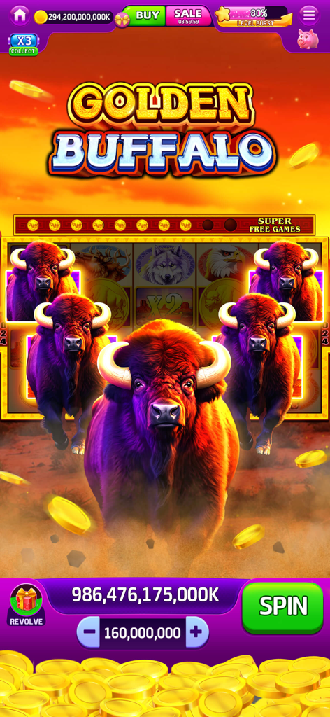 Jackpot Saga - Slots Casino - Interface de machine à sous sur le thème du Golden Buffalo dans Jackpot Saga