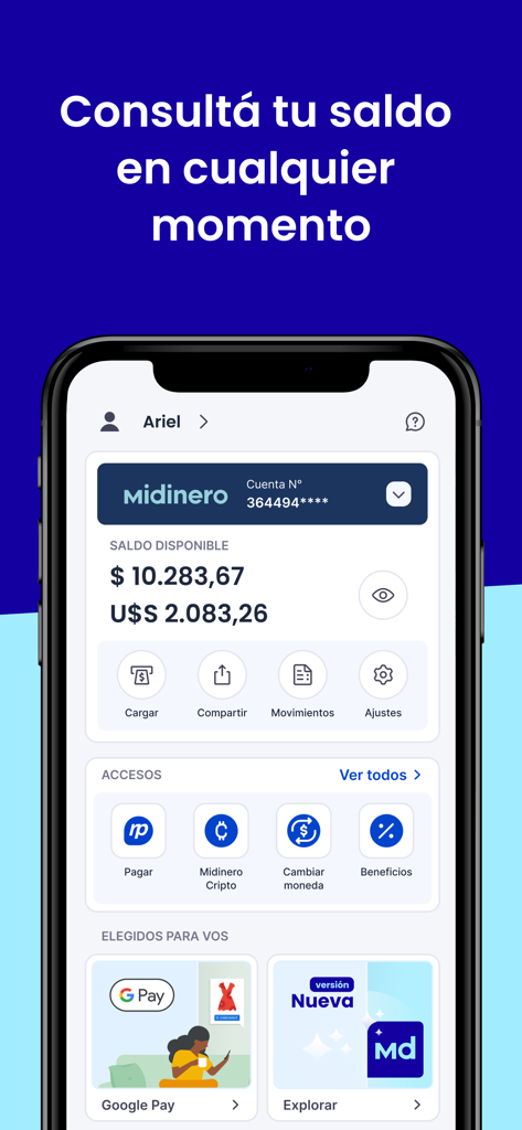 Midinero App - Interfaz de la aplicación móvil Midinero que muestra el saldo de la cuenta en pesos y dólares con iconos de menú de acceso rápido