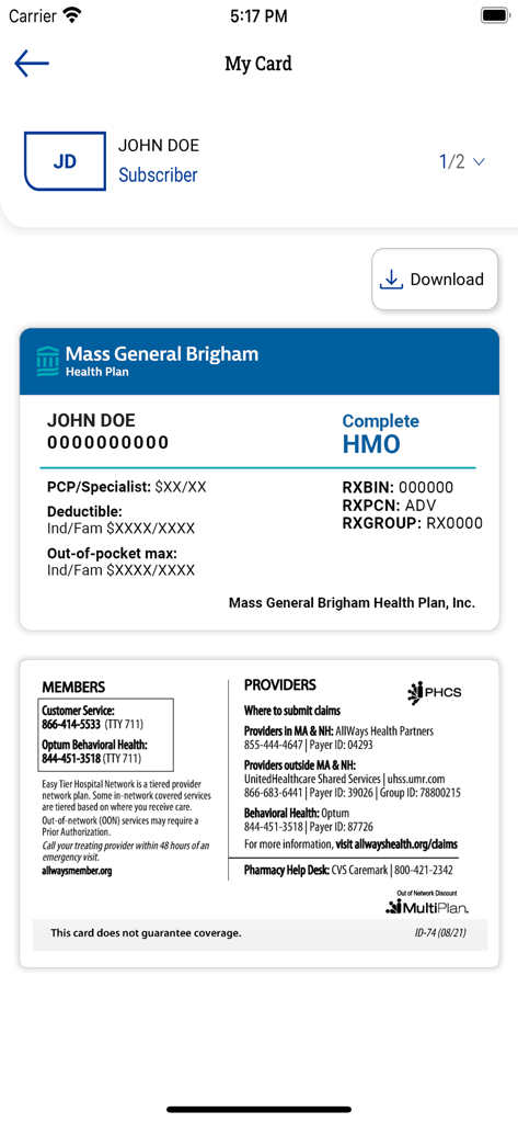Digital insurance member ID card screen showing plan details and download option