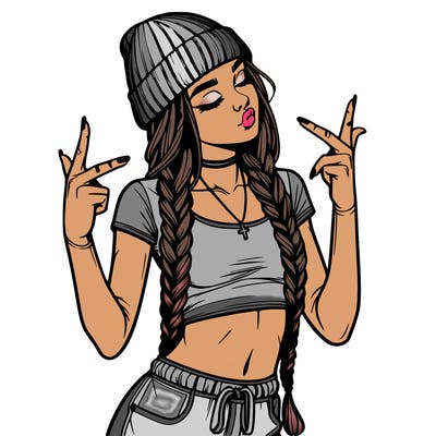 realistic teenage girl with braids and a beanie and crop top doing 🫶🏼