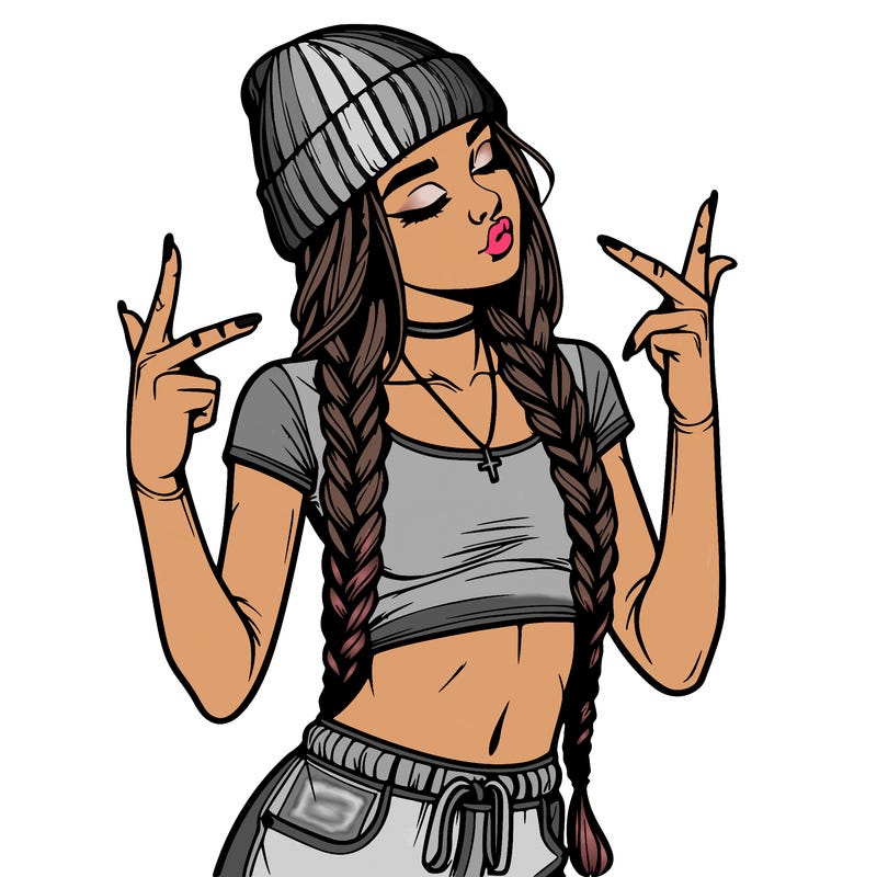 realistic teenage girl with braids and a beanie and crop top doing 🫶🏼