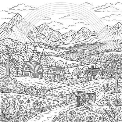 Explore a magnificent full-scene landscape featuring majestic mountains, charming houses, and the subtle beauty of faint rainbows. This detailed coloring page offers a truly immersive and relaxing artistic adventure.