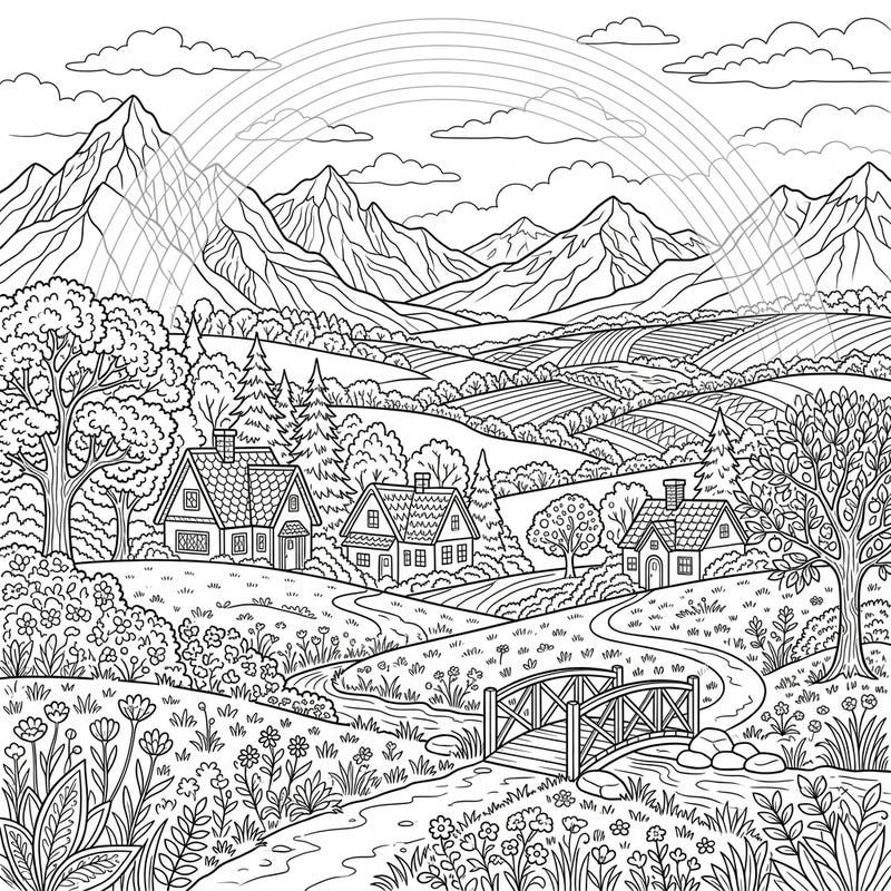 Explore a magnificent full-scene landscape featuring majestic mountains, charming houses, and the subtle beauty of faint rainbows. This detailed coloring page offers a truly immersive and relaxing artistic adventure.