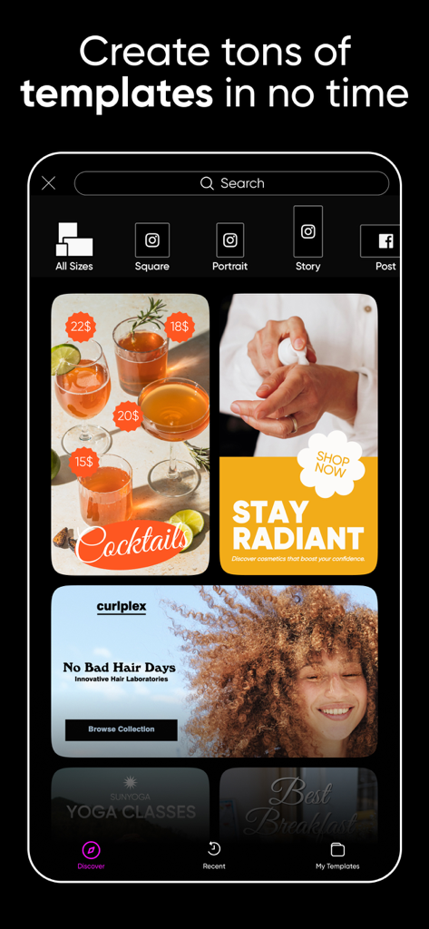A display of various social media templates in the Picsart app for creating professional posts and stories