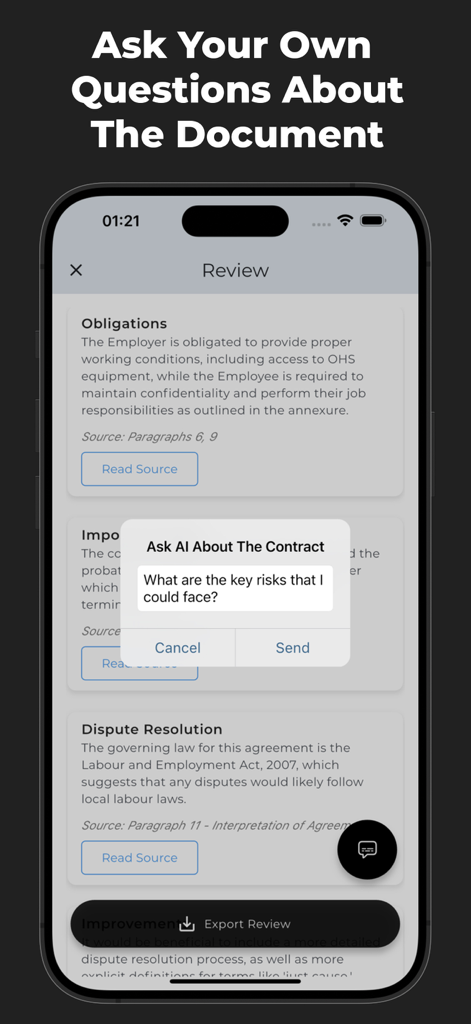 Clearsign: Sign Documents & AI - Mobile interface of Clearsign app showing an AI assistant answering questions about document risks and obligations