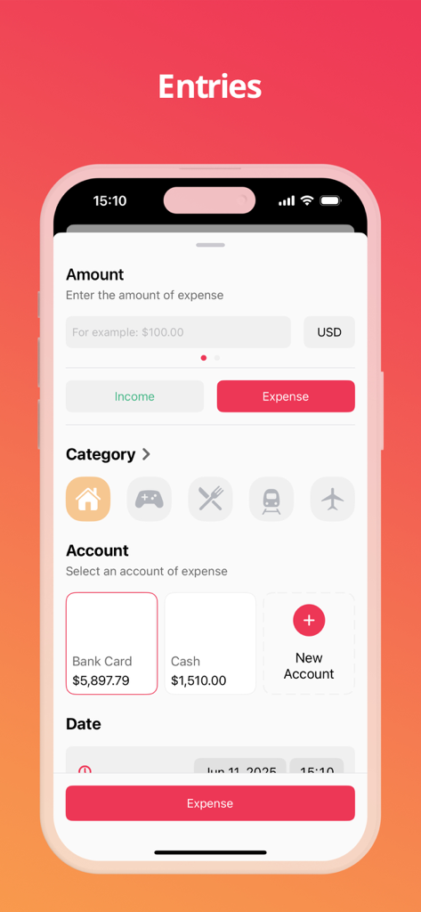 Axia - Budget Tracker - Mobile interface for logging an expense in the Axia Budget Tracker app