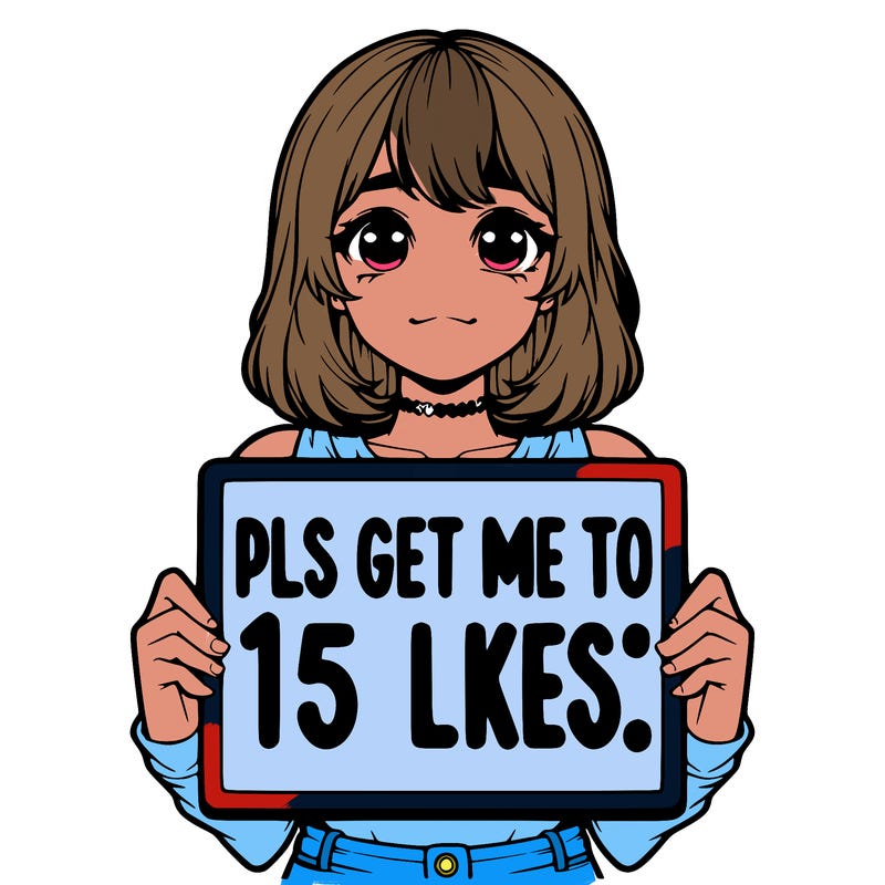 realistic girl holding up a sign that says “pls get me to 15 likes!”