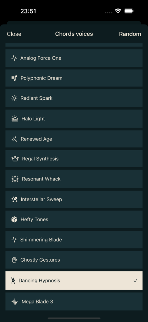 Loop Maker - Create Music Fast - Screen showing different chord voices to select in the Loop Maker app