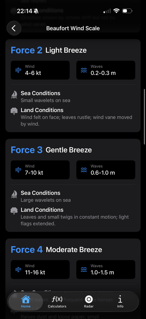 Beaufort Wind Scale reference showing wind speed and wave height for maritime officers