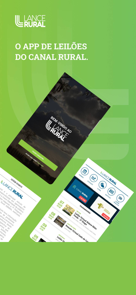 Lance Rural - Promotional image of the Lance Rural mobile app showing livestock auction listings and agribusiness news interfaces