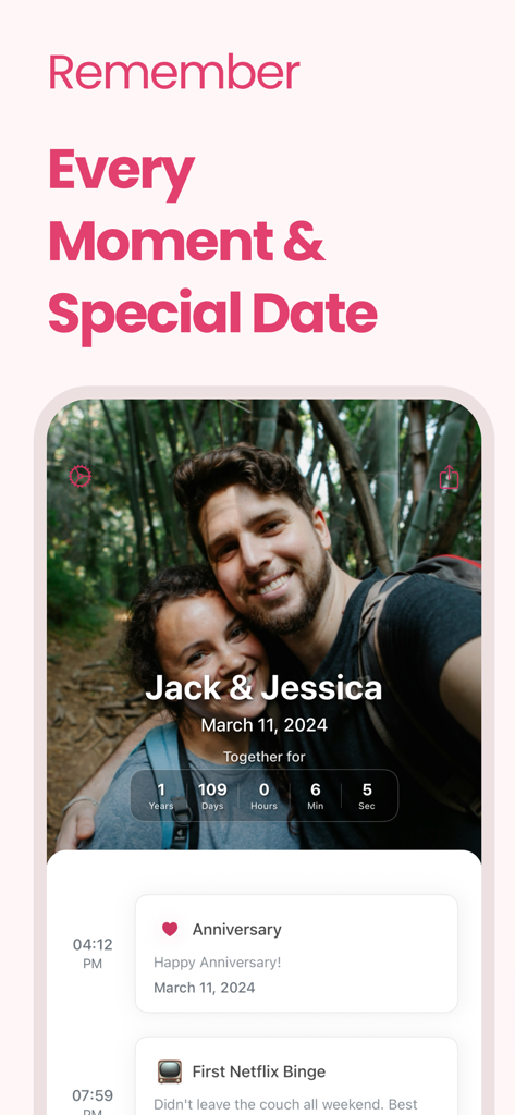 Love Tracker - I Love You - Una foto de pareja con un contador de duración de relación y una lista de hitos especiales en la aplicación Love Tracker