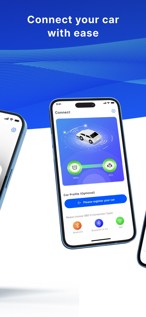 OBD2 Car Scanner - Torque FixD - Aplicación de smartphone que muestra opciones de conexión del coche para OBD2 y ECU a través de Bluetooth o Wifi
