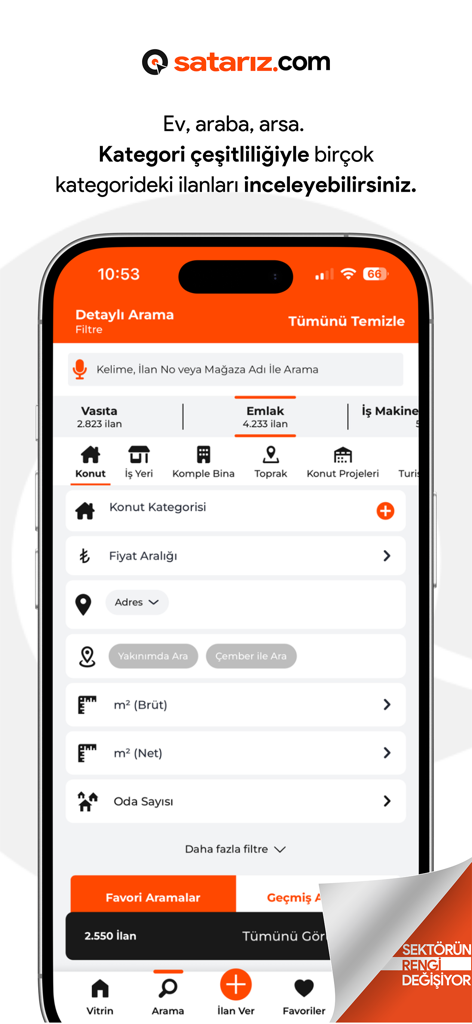 satarız. - A mobile phone screen displaying detailed search filters for real estate listings in the Satariz marketplace app.