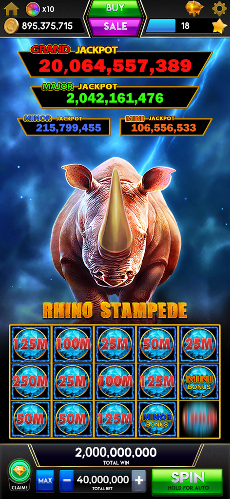 Citizen Jackpot Slots Casino - Gameplay des machines à sous Rhino Stampede dans Citizen Jackpot Casino montrant un gain de deux milliards de pièces et de multiples niveaux de jackpot