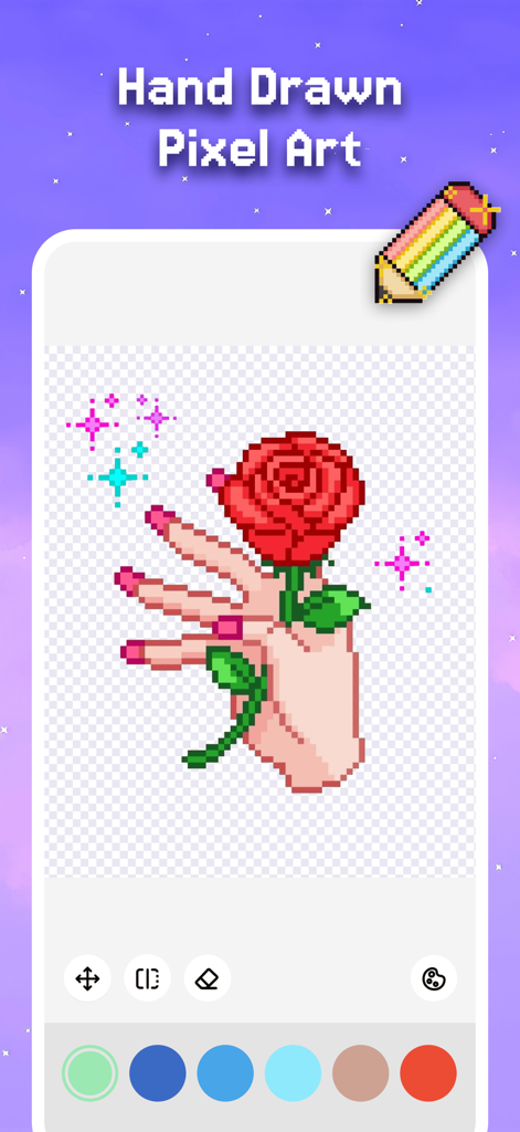 Pixel Coloring-Color by number - Un diseño pixelado dibujado a mano de una mano sosteniendo una rosa roja con una paleta de colores debajo.