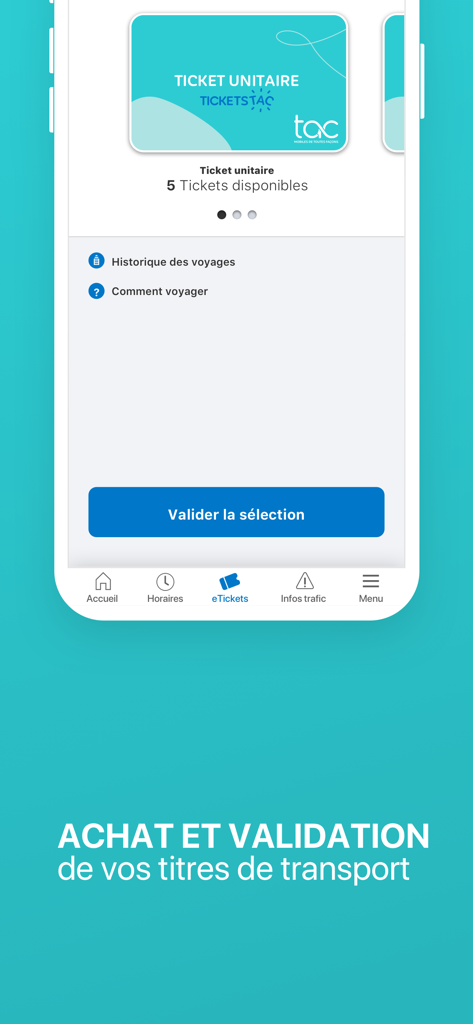 TAC Mobilités - TAC Mobilites mobile app interface for purchasing and validating digital transport tickets