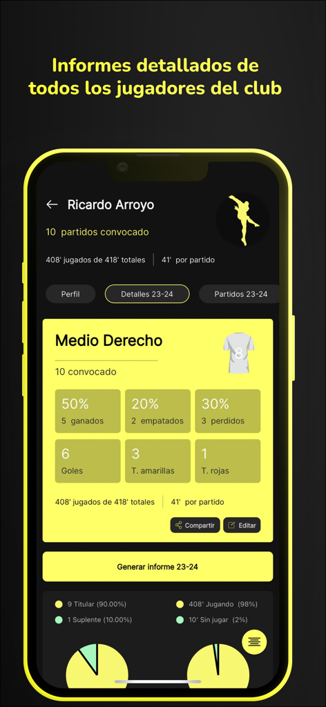 Interface do aplicativo Teamtag mostrando estatísticas detalhadas de jogadores de futebol e relatórios de desempenho.