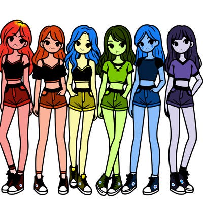 a group of girls wearing crop tops and shorts