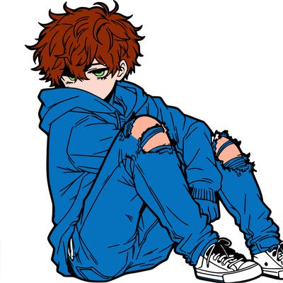 a male hoddie ripped jeans messy hair anime